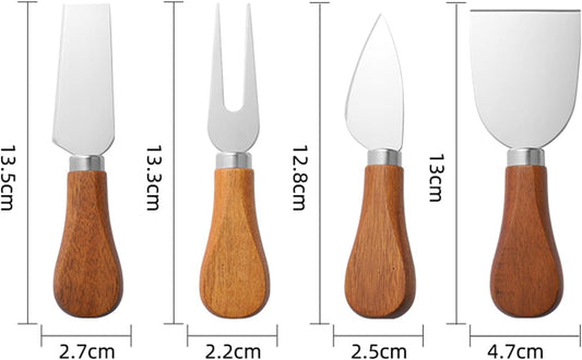 Cheese Knife Set with Acacia Wood Handles - Cheese Knife, Spreader, Fork, Slicer - Mini Stainless Steel Cheese Tools for Charcuterie Boards (4Pcs/Set, S)