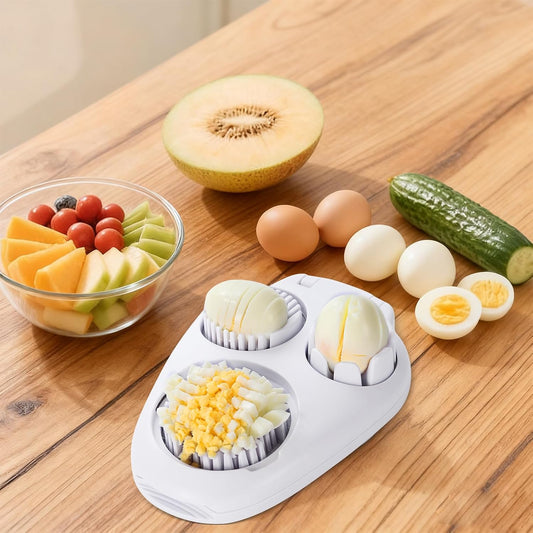 3-In-1 Egg Slicer, White | Stainless Steel, Heavy Duty, For Hard Boiled Eggs, Fits Strawberry Apple Banana Cherry Tomato