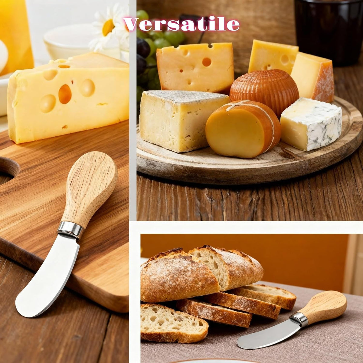 6-Piece Cheese Knife Set, Stainless Steel Butter Knives with Natural Wood Handles for Charcuterie Boards & Party Platters; Small Spreaders for Soft Cheese, Jam, Appetizers; Kitchen Utensils