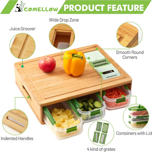 Bamboo Cutting Board with Trays - Large Wood Cutting Board with Stackable Containers and Locking Lid - Chopping Board with Built-in Graters - House Warming Kitchen Gifts New Home
