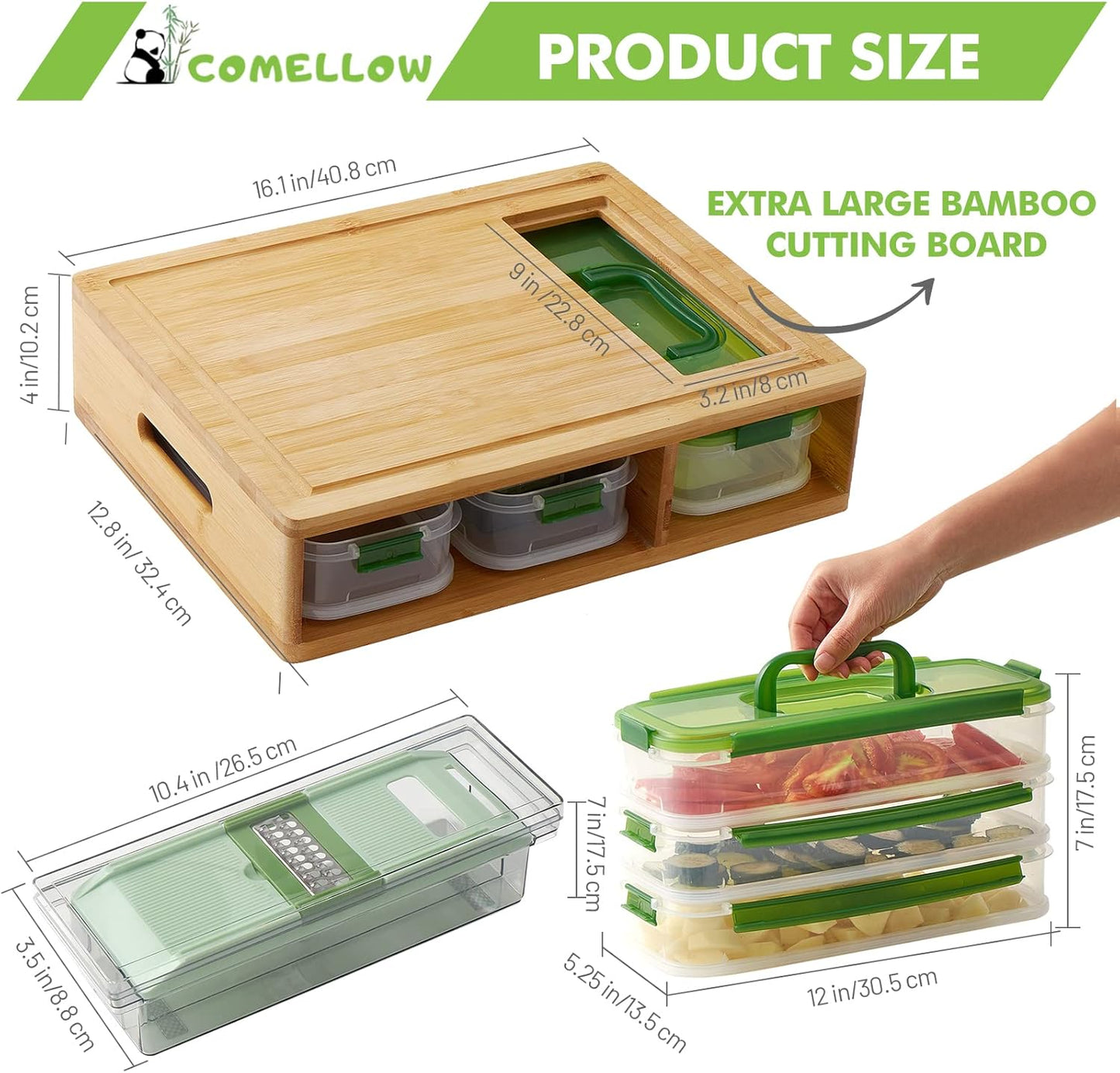 Bamboo Cutting Board with Trays - Large Wood Cutting Board with Stackable Containers and Locking Lid - Chopping Board with Built-in Graters - House Warming Kitchen Gifts New Home