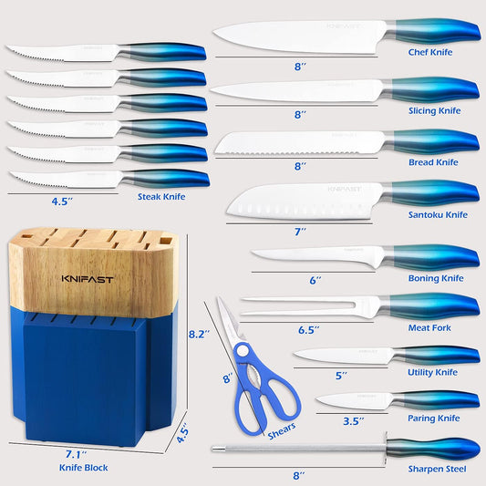 Knife Set With Block, Full Tang 17-Pieces Kitchen Knife Set With Block Wooden German Stainless Steel Cutlery With Knife Sharpener & 6 Steak Knives (Blue)