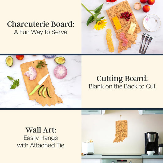 Destination Indiana State Shaped Cutting Board | State charcuterie serving board with engraved map artwork. Smooth reverse side for food prep. Hang tie for wall display.