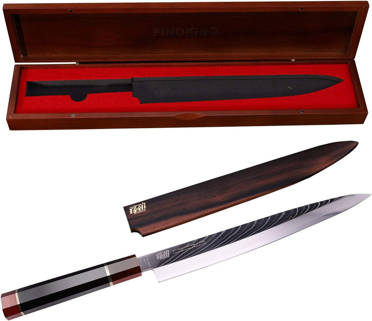 Prestige Series 9 Inch Kiritsuke Chef Knife, Japanese VG10 Damascus Steel, Double Bevel Blade with Walnut Saya, Ebony Octagonal Handle & Wooden Gift Box
