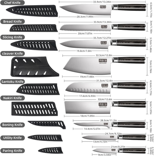 Chef Knife Set with Roll Bag, 10PCS Professional Knife Set with Sharpener, High Carbon Stainless Steel Japanese Kitchen Knives - Black Pakkawood Handle, Dishwasher Safe, For Cooking, Chef Gifts