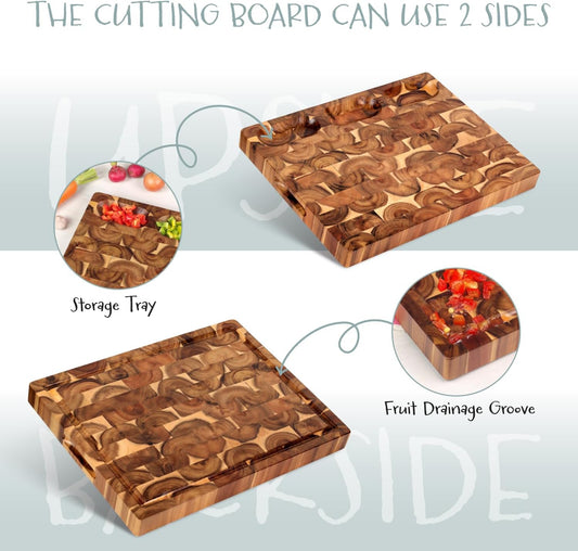 Acacia End Grain Cutting Board (17x13x1.5in), Butcher Block - Reversible Multipurpose Chopping Board with Juice Groove, Cracker Holder & Inner Handles