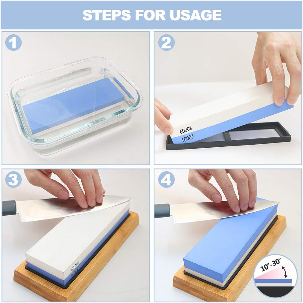 Whetstone Knife Sharpening Stone Set, 2-Sided Premium Wet Stone Sharpener 1000/6000 Grit Wetstone Kit for Kitchen knives with Non-Slip Bamboo and Silicon Base Angle Guide, Flattening Stone