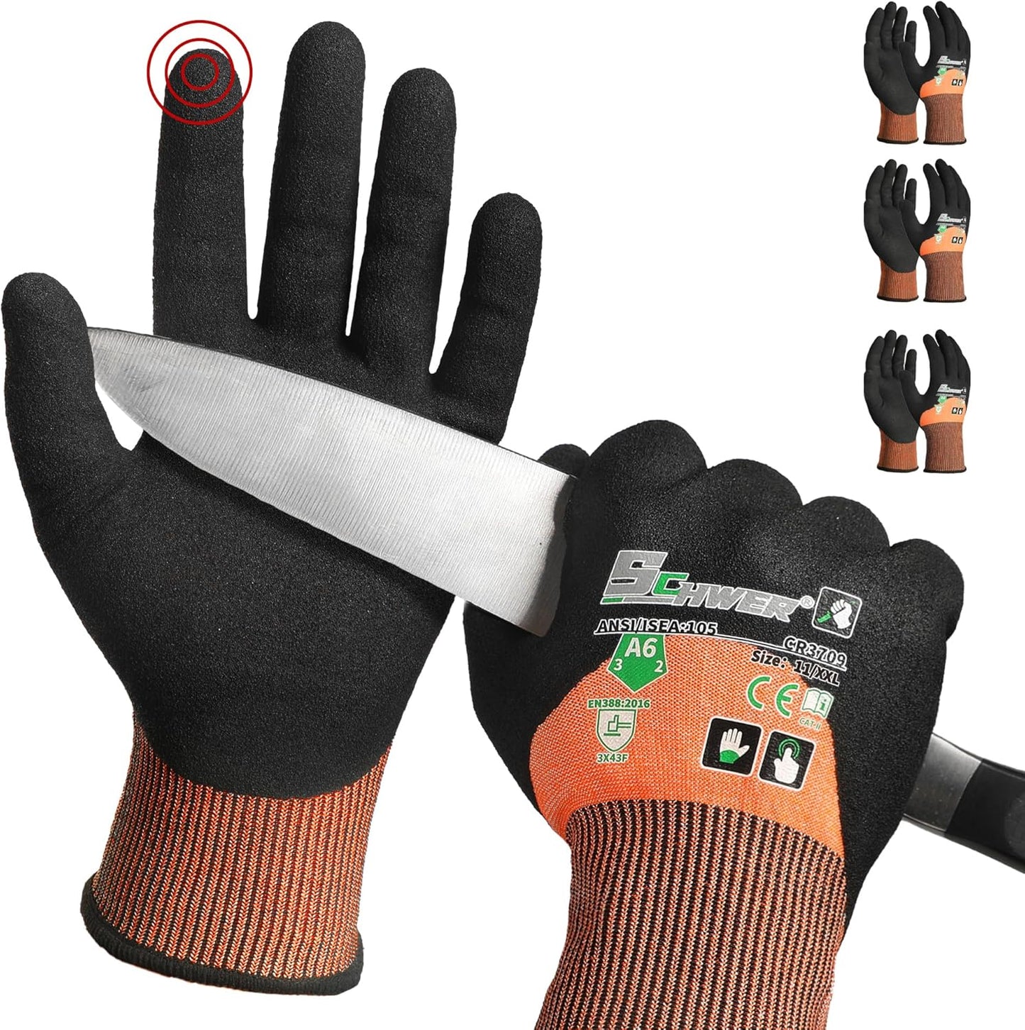 ANSI A6 Cut Resistant Work Gloves, 3/4 Dipped Coating, CR3709, L | Touchscreen, Non-PFAS, Cut Proof Glove, for Woodworking, Glass Metal Cutting, Construction, Fishing, Gardening, Warehousing