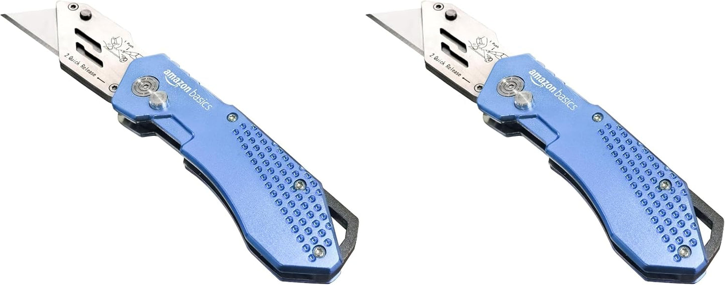 Folding Utility Knife Box Cutter with Locking Mechanism, Quick Change Blade, Lightweight Aluminum Body, Holster, Light Blue