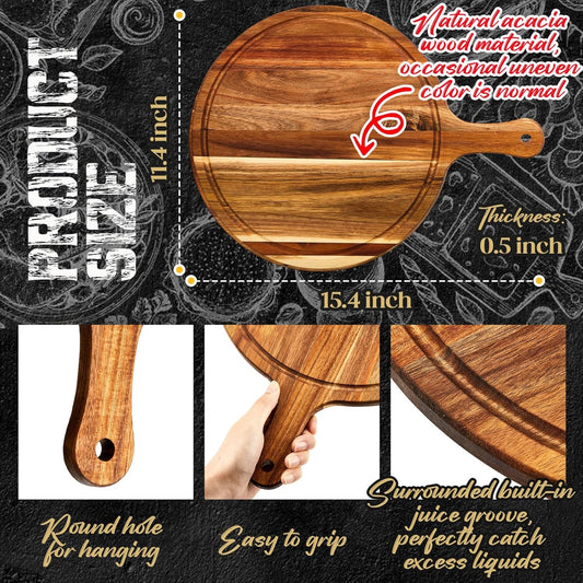 10 Pcs Round Wood Cutting Board with Handle Acacia Wooden Serving Kitchen Chopping Boards for Pizza, Bread, Cheese, Charcuterie, Fruit, Vegetables(Acacia)