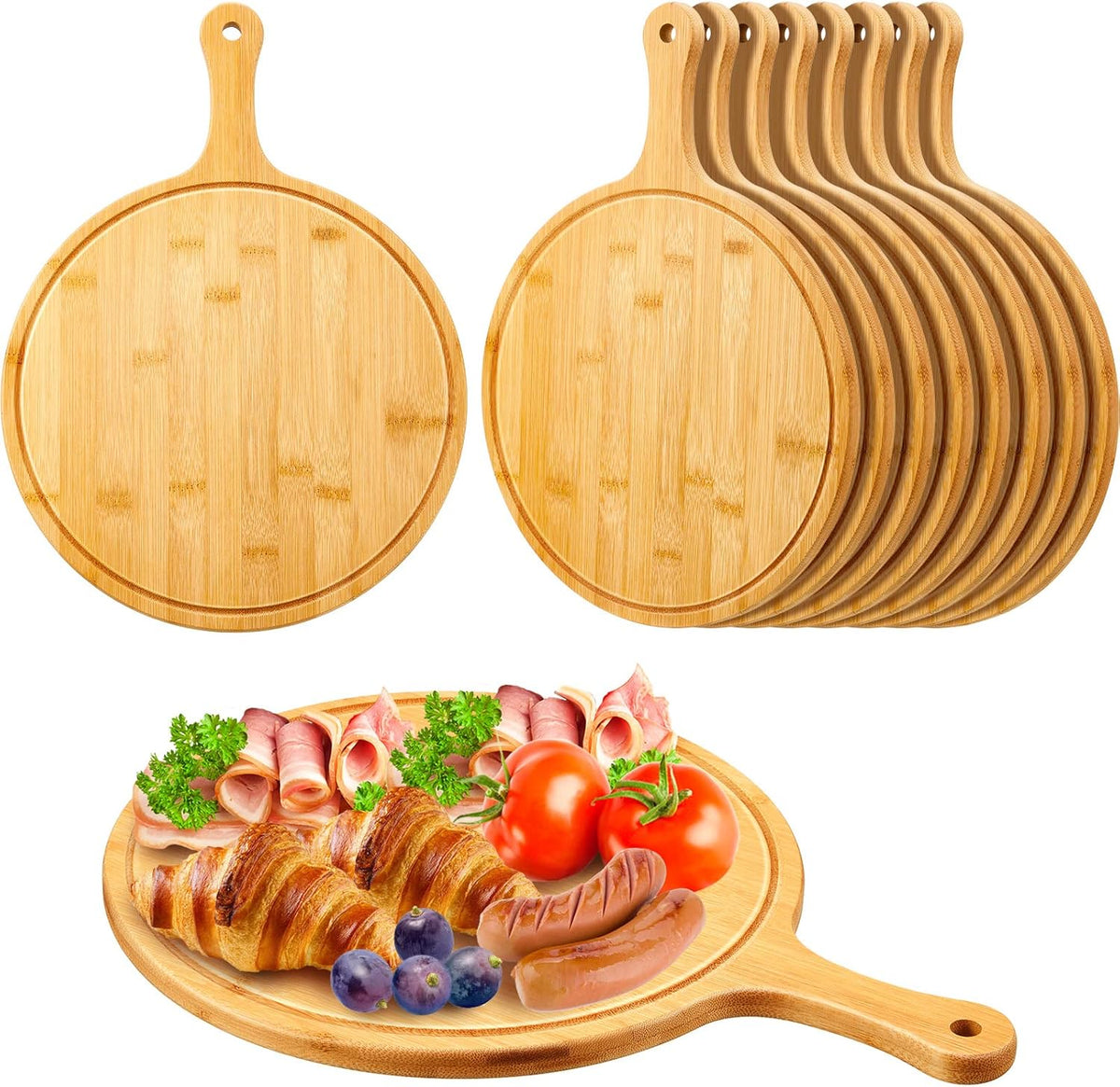 10 Pcs Round Wood Cutting Board with Handle Acacia Wooden Serving Kitchen Chopping Boards for Pizza, Bread, Cheese, Charcuterie, Fruit, Vegetables(Acacia)