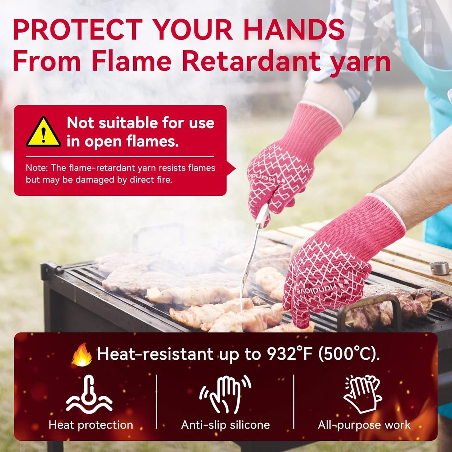 BBQ Gloves, Oven Gloves with Fingers –1472℉ Heat Resistant Gloves for Grilling | Aramid Retardant Non-Slip Grip, Long Cuff Mitts, Black,L