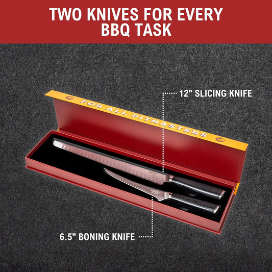 BBQ Knife Set – 12" Brisket Slicing Knife & 6.5" Boning Knife – VG-10 Steel, Full Tang, G10 Handle – Trim, Slice & Carve Brisket, Ribs, Chicken, Pork – Pitmaster Gift