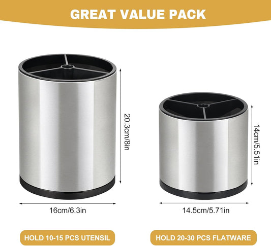 2Pack Kitchen Utensil Holder Set - 360° Rotating Stainless Steel Large Cooking Utensil Stand for Counter, 3 Compartment Flatware Caddy with Removable Base for Knife, Fork & Spoon Organizer - Sliver