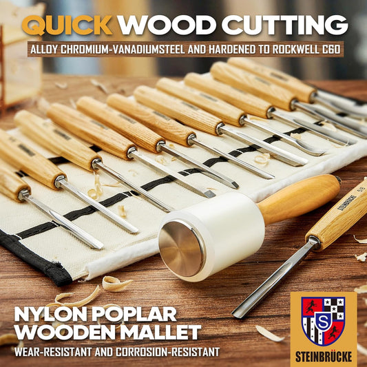 Wood Carving Kit, Wood Carving Tools Set of 12 Chisels and Mallet with Canvas Case Gouges, Wood Whittling Kinves Kit, Carving Knife Set, Woodworking Chisel Set for Beginners, Professionals