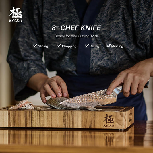 Chef Knife - 8"- Shogun Series Japanese Style VG10 Steel Core Hammered Damascus Blade Kitchen Knife - with Sheath & Case