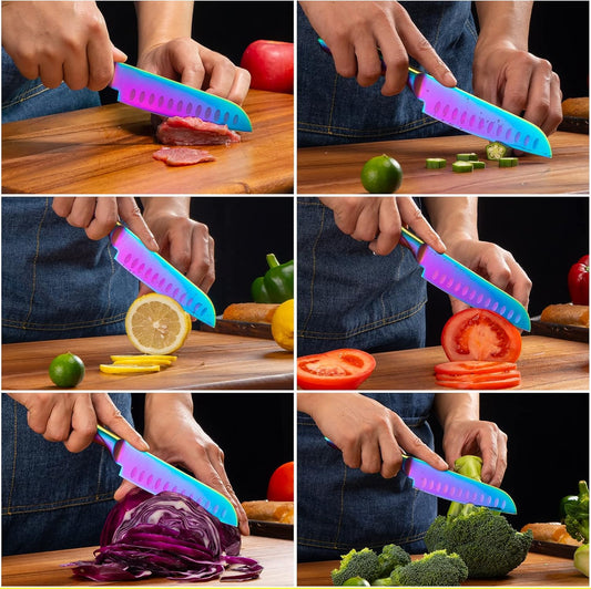 Santoku Knife 5 Inch, Super Sharp German Steel Kitchen Cooking Knife with Comfortable Handle and Rainbow Coating for Slicing Dicing and Mincing of Meat Vegetables and Fruits for Small Hand