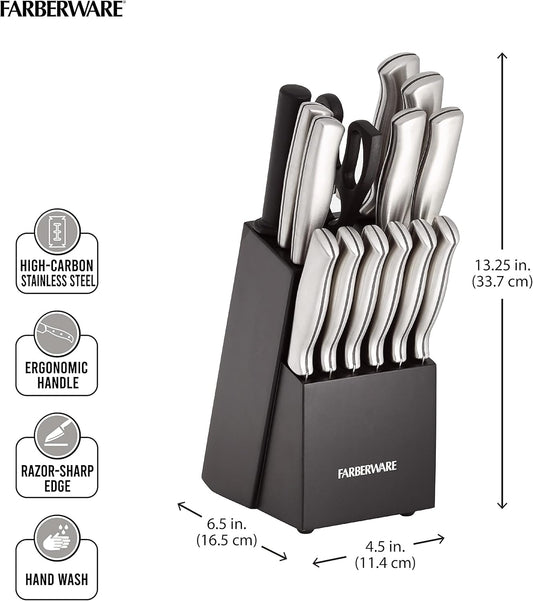 15-Piece Kitchen Knife Set, High-Carbon Stainless Steel Blades with Wood Block, Steak Knives, Sharpening Tool & All-Purpose Shears, Razor Sharp, Ergonomic Stainless Steel Handles