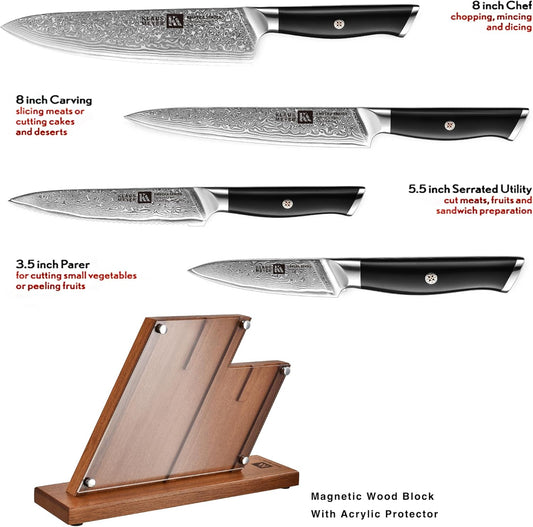 Empira 5 Piece Damascus Kitchen Knife Set With Magnetic Block | VG-10 Damascus Steel, Full Tang, Ultra Sharpness, Ergonomic ABS Handle, Strong Magnetic Block, Ideal Gift For Passionate Chef
