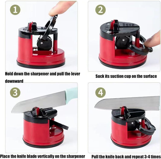 Knife Sharpener with Suction Cup, Manual Knife Sharpening Kit, Pocket Tungsten Steel Knife Sharpeners for Home Kitchen Use (Red)