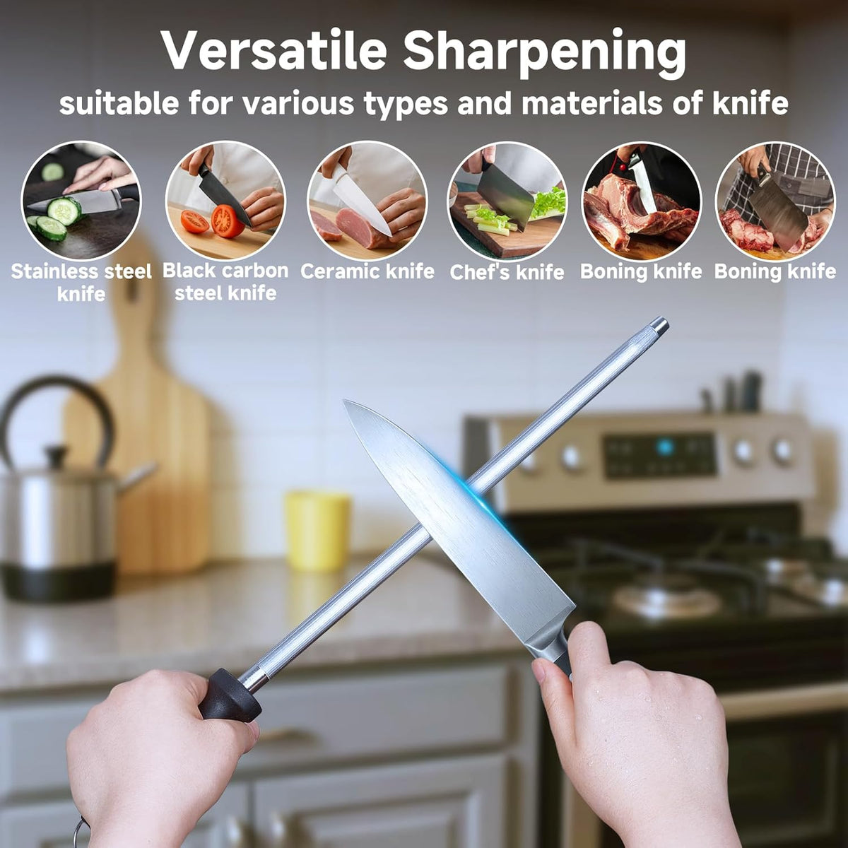 12" Professional Carbon Steel Knife Honing Rod with Hanging Holes | 17" Overall Length, Professional Knife Sharpening Tool, For Chef Household Hunting & Pocketknives, Easy Hanging Storage