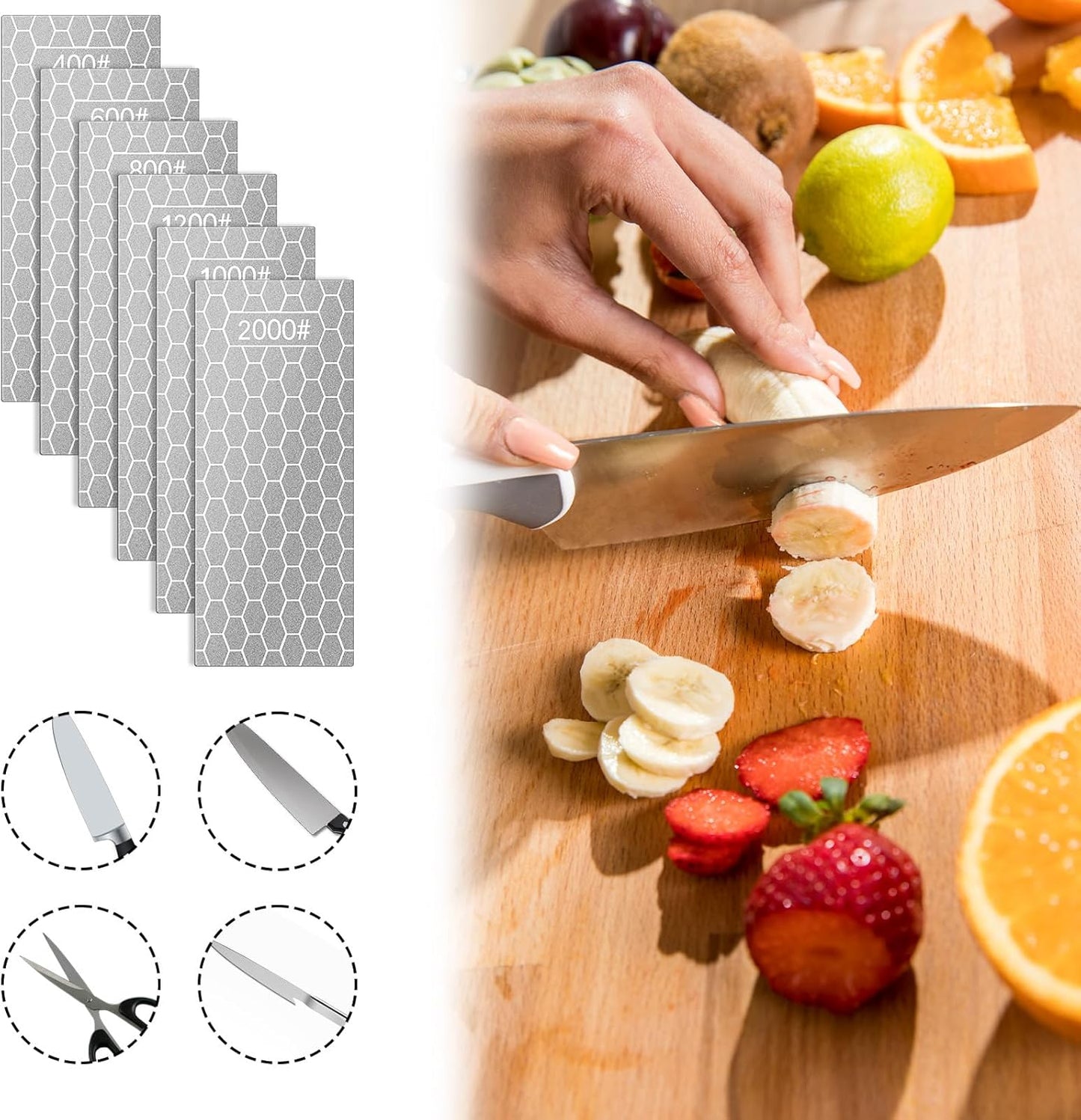 6 Pcs Diamond Sharpening Stone Set with Non-slip Base Knife Sharpening Stone 400/600/800/1000/1200/2000 Grit Sharpener Diamond Lapping Plate for Chisels, Plane Irons, Knives, Blades