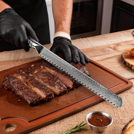 SENKEN 12" Damascus Steel Brisket Knife - Umi Collection - 67-Layer Japanese VG10 Steel with Deep Sea Abalone Shell Handle - Ultra Sharp Carving Knife for Brisket, Meat, Roasts, and Large Fruit (12")
