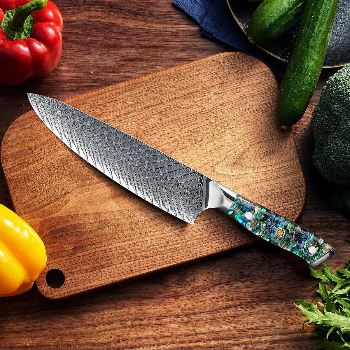 SENKEN 12" Damascus Steel Brisket Knife - Umi Collection - 67-Layer Japanese VG10 Steel with Deep Sea Abalone Shell Handle - Ultra Sharp Carving Knife for Brisket, Meat, Roasts, and Large Fruit (12")