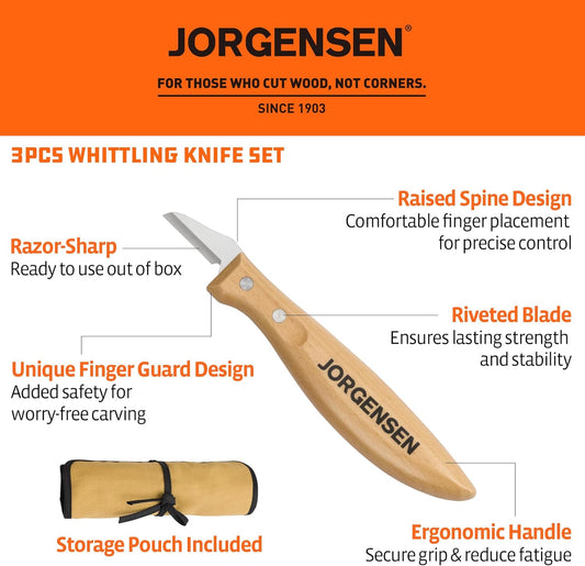 3-Piece Wood Carving Tool Set with Stainless Steel Knives | Whittling knife kit with ergonomic curved handles, canvas pouch and blade covers for beginners and wood carving projects