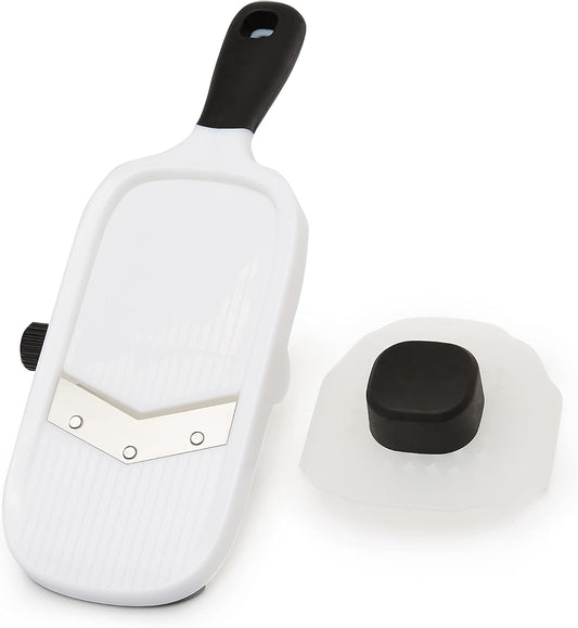 Hand-held Safe Mandoline Slicer for Vegetables and Fruits, Adjustable Thickness, Stainless Steel Blade, White, 11.3" x 4.5" x 2.5"