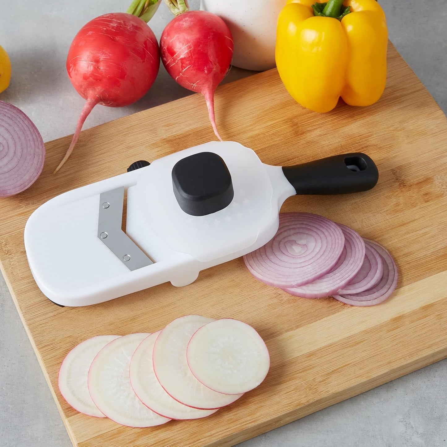Hand-held Safe Mandoline Slicer for Vegetables and Fruits, Adjustable Thickness, Stainless Steel Blade, White, 11.3" x 4.5" x 2.5"