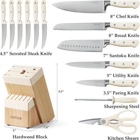 14-Piece Knife Set with Wood Block, Rust-Resistant, Cream | Razor-Sharp High Carbon Stainless Steel Knives, Long-Lasting Sharpness, Forged, Triple-Riveted Ergonomic Non-Slip Handles
