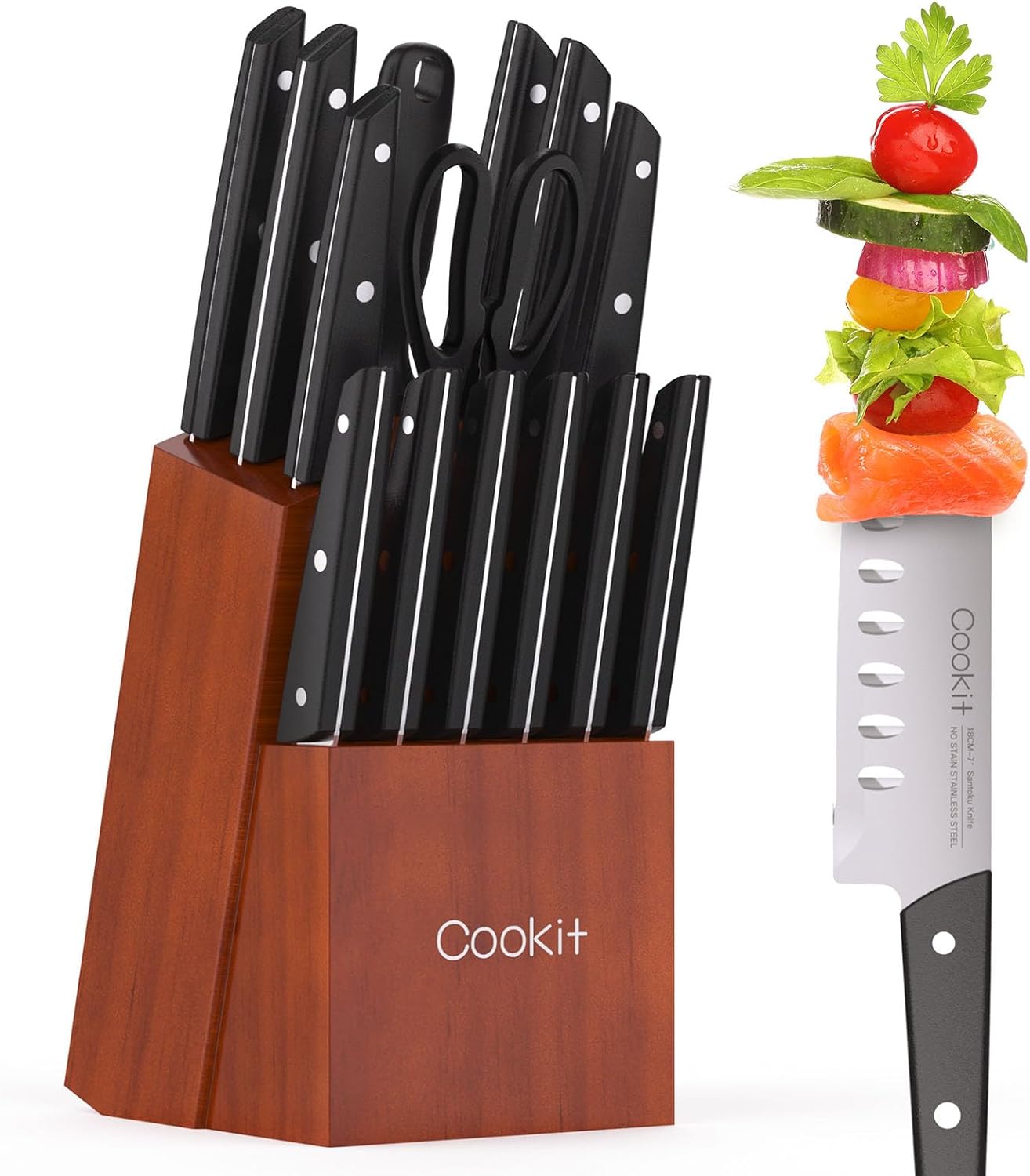 Knife Set with Block, 15 Pieces Kitchen Knife Set with Pine Block Holder, Knife Block Set with Sharpener, High Stainless Steel Knives with Comfortable-Grip ABS Handles