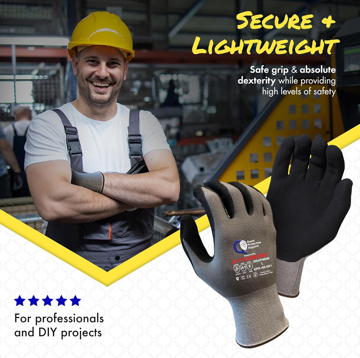 Quest Cut Resistant Work Gloves, ANSI A1, Large, Pack of 3 | Lightweight breathable grip gloves for gardening, DIY, mechanical and general handling; unisex