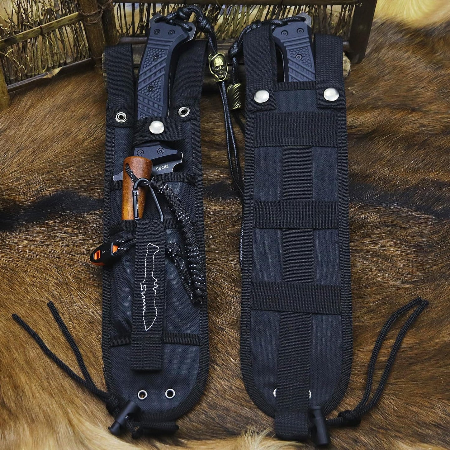 U.S.A 8mm thick DC53 steel 38.5CM (15.4in) (full tang) fixed knife+Nylon sheath&(5.9in) cerium igniter, suitable for outdoor hunting, camping, Jungle Survival, exploration, EDC tool knife