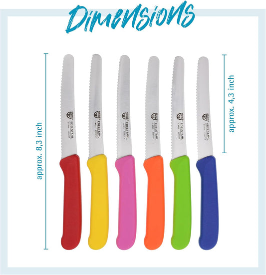 table knife 6 pieces, knife set for cutting, pack of 6 bread knives, breakfast knife with serrated edge on one side, knife 8.3 inch - Colorful