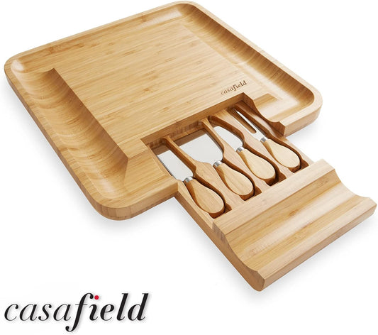 Bamboo Cheese Board and Knife Gift Set, Wooden Charcuterie Board Meat and Cheese Platter for Entertaining, Housewarming, Birthday, Wedding