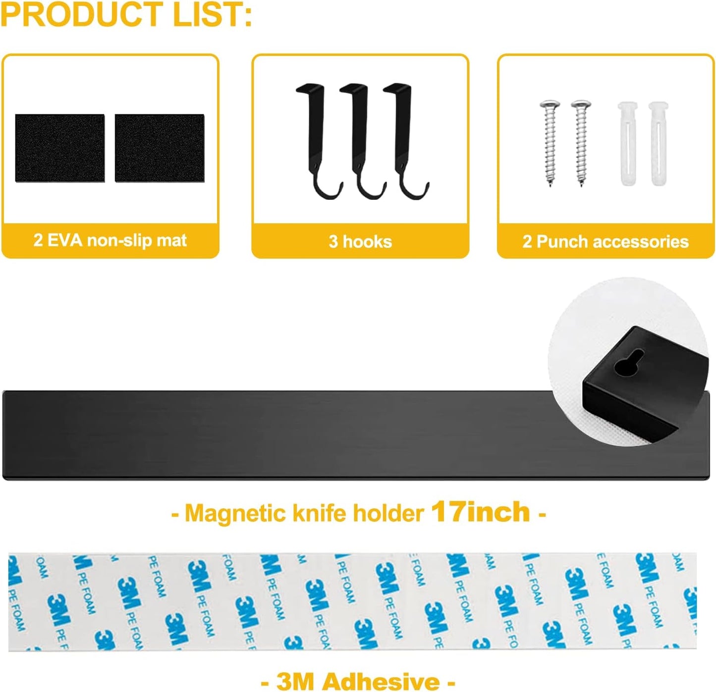 Black Magnetic Knife Strip for Refrigerator - Larger 17 inch Double Sided Stainless Steel Magnetic Kitchen Knife Holder with hooks for Wall/fridge - Strong Knife Strip Magnet/Knife Rack/Knife Bar