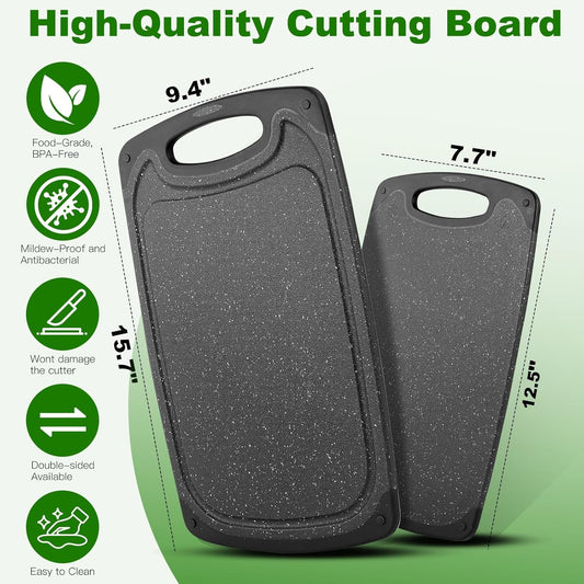 Cutting Boards Set,15.7"×9.4" & 12.5"×7.7" Plastic Chopping Board Set,Made From Natural Food Grade Material,BPA Free&Eco,Non Slip&Juice Groove,Dishwasher Safe,Double-Sided Usable,Dark Grey