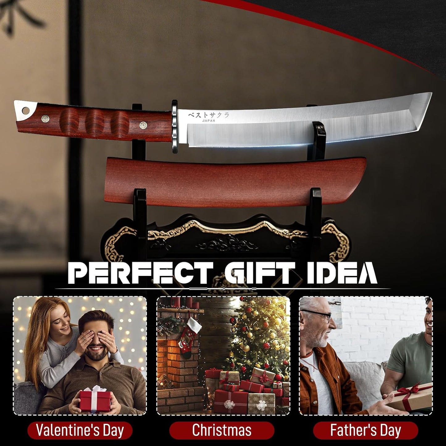 DRGSKL Japanese Fixed Blade Knife - Tanto Knife with Wooden Sheath | Forged from a Single Piece of D2 Steel, Full Tang Walnut Handle, Wooden Sheath, Gift Box