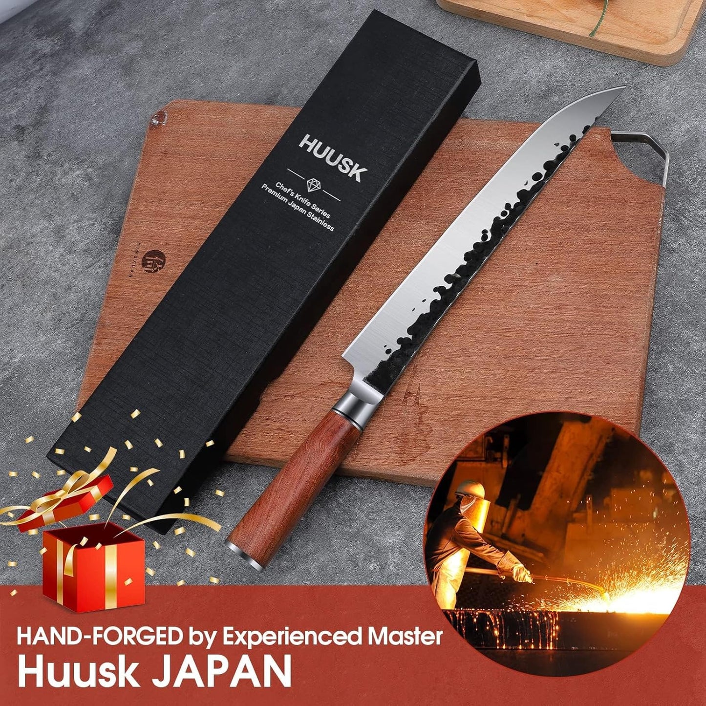 Huusk Knives from Japan, Meat Cleaver Heavy Duty Chopping Knife | Hand Forged Butcher Knife for Meat Cutting Kitchen Vegetable Knives for Home, Fathers' Day Gift Idea for Men Dad