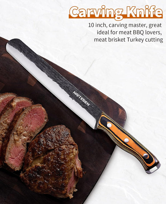 Professional Brisket Carving Knife Set for Men | Grilling Knives, Hand Forged Super Sharp Butcher Slicing Knife Boning Knife for Meat Turkey Cutting Home Kitchen BBQ