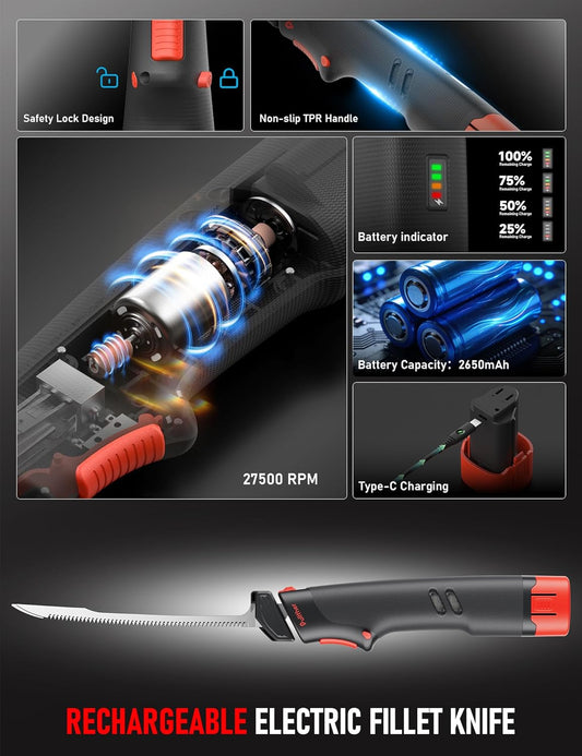 Electric Knife with 9" Stainless Steel Blades, 27500 RPM Motor Rechargeable Cordless Electric Fillet Knife with Non-slip Grip Handle,Type-C Charge, Portable Carry Case