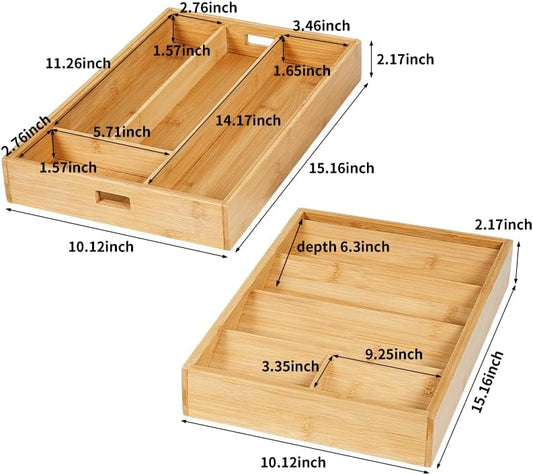 Bamboo Expandable Flatware Drawer Organizer Stackable Bamboo Silverware Drawer Organizer – 2-Tier Kitchen Utensil Tray with Compartments, Flatware Organizer for Spoons