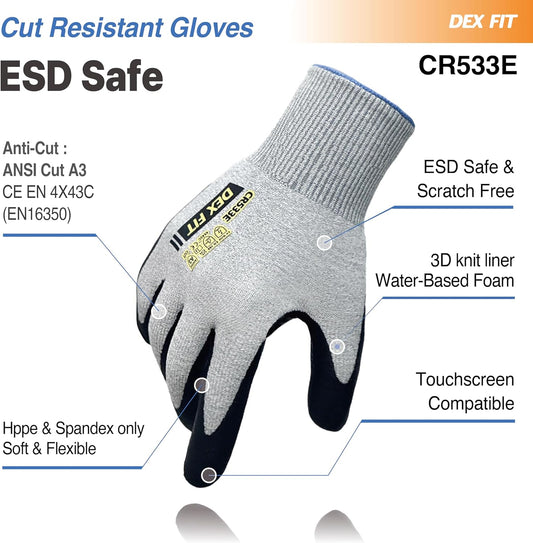 Cut Resistant Work Gloves Fiberglass-Free No Itch Safety Gloves for Men Women, Anti-Static ESD Safe, Touchscreen, Thin Foam Nitrile Grip; CR533E A3 Gray, L (9), 1 Pair