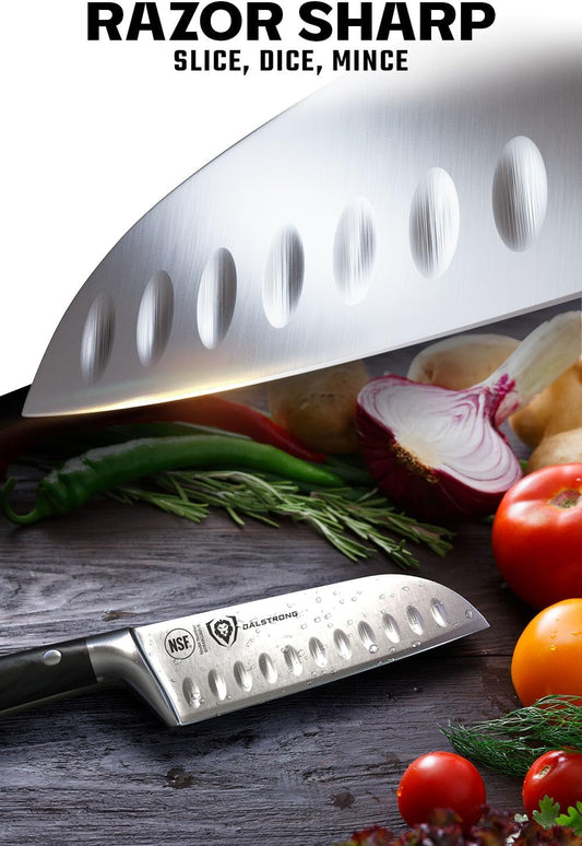 Santoku Knife - 5 inch - Gladiator Series Elite - Forged German High Carbon Steel - Black G10 Handle Kitchen Knife - Asian Vegetable Cooking Knife - Sheath Included - NSF Certified
