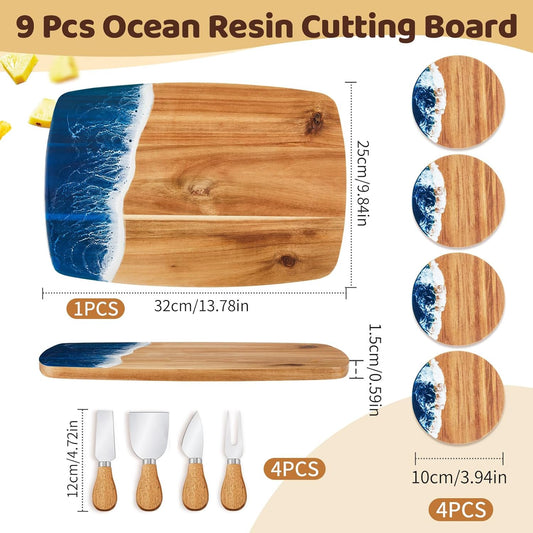 9 Pcs Ocean Resin Cutting Board Set with 4 Cheese Knives and 4 Coasters for Wedding Housewarming Gifts, Blue White Wave Pattern Charcuterie Board Kitchen Meal Prep Serving Versatile Cheese