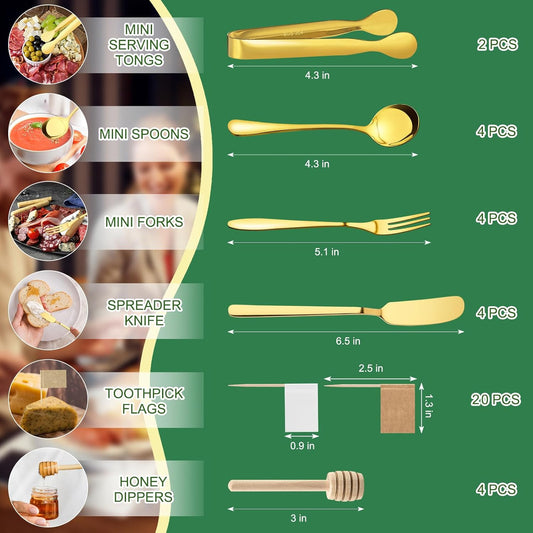 Gold Charcuterie Boards Accessories, 38 Pcs | Stainless Steel Charcuterie Utensils, Cheese Butter Spreader, Mini Tongs, Spoons, Forks, Honey Dippers and Toothpick Flags