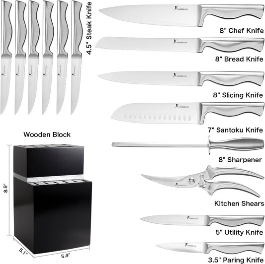 15-Piece Ultra Sharp Kitchen Knife Set with Wooden Block, Shiny Black