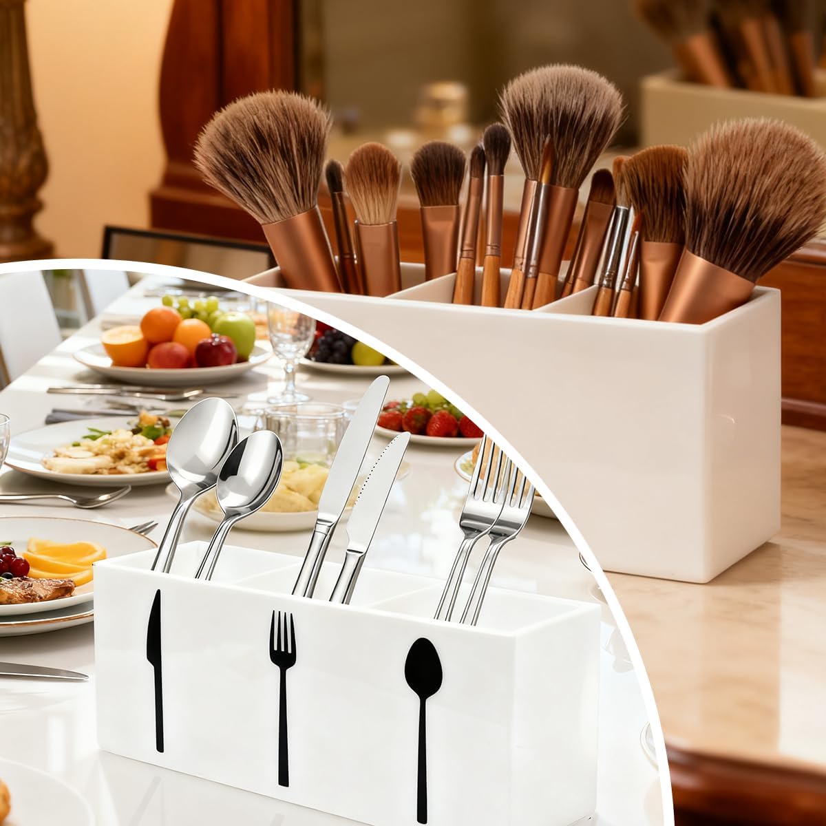 Acrylic Cutlery Storage Organizer Bin,3 Section Silverware Caddy with Spoon Fork Organizer, Clear Plastic Utensil Holder for Kitchen Countertop, Cabinet, Dining Room (Black)